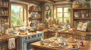 A kitchen with magical cooking implements preparing breakfast. Duplicate the artistic style of Studio Ghibli's domestic scenes, with Miyazaki's detailed settings and warm lighting. - Google Nano Banana 2