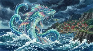 A sea creature rising from a stormy ocean near a village. Replicate the visual style of 'Ponyo' by Studio Ghibli, with Miyazaki's fluid water animations and vibrant creatures. - Google Nano Banana 2