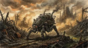 A mechanical creature in a polluted landscape. Capture the visual aesthetic of 'Nausicaä' by Studio Ghibli, with Miyazaki's mechanical designs and environmental contrast. - Google Nano Banana 2