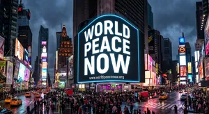 A large storefront billboard at Times Square displaying the slogan “WORLD PEACE NOW” in bold, clear letters, amidst a vibrant cityscape at night. - Google Nano Banana Pro