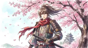 An anime-style portrait of a samurai standing under pink cherry blossoms. - Google Nano Banana Pro