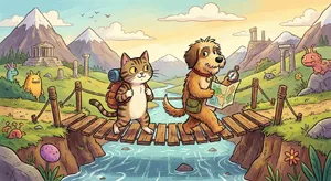 A cartoon of a cat and a dog on an adventure, drawn in a colorful 2D style. - Google Nano Banana Pro