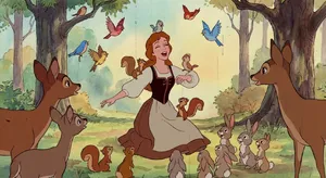 A classic Disney-like 2D cartoon princess singing with animals in a forest. - Google Nano Banana Pro