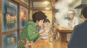 An anime scene of a character eating ramen at a small shop counter (slice-of-life style). - Google Nano Banana Pro