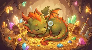 A cute chibi-style dragon sleeping on a pile of gold. - Google Nano Banana Pro