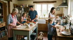 A family cooking together in a kitchen, each person busy with a different task. - Google Nano Banana Pro