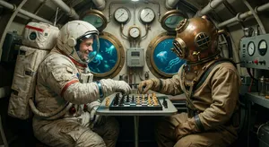 An astronaut and a deep-sea diver playing chess together inside a submarine. - Google Nano Banana Pro