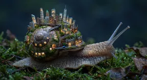 A snail whose shell contains a miniature city skyline, depicted in a hyperrealistic macro photography style with intricate architectural details and ambient lighting. - Google Nano Banana Pro