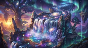A waterfall that pours out stars and galaxies instead of water, illustrated in a cosmic fantasy style with vibrant space colors and dramatic lighting effects. - Google Nano Banana Pro