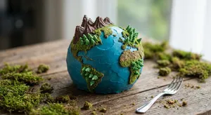 A dessert cake that looks like a tiny planet, complete with miniature trees and mountains, photographed in a professional food photography style with tilt-shift focus effect. - Google Nano Banana Pro