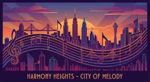A city skyline that forms the shape of musical notes on a staff, created in a stylized graphic design aesthetic with clean architectural lines and dramatic twilight colors. - Google Nano Banana Pro