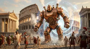 A steampunk robot time-traveling in ancient Rome, depicted in a detailed cinematic style that blends historical accuracy with copper and brass retrofuturistic aesthetics. - Google Nano Banana Pro