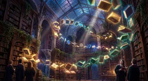 A library where the books are glowing and floating in mid-air, illustrated in a magical realism style with dramatic lighting and rich atmospheric colors. - Google Nano Banana Pro