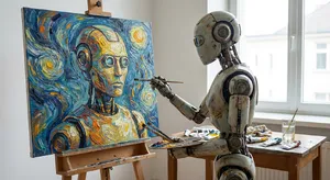 Photorealistic image of a robot painting a realistic self-portrait (i.e. the robot) on canvas, mimicking Van Gogh’s art style; clear, realistic metallic textures and painting details visible - Google Nano Banana Pro