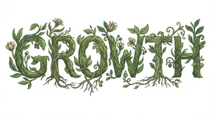 The word 'GROWTH' visualized using stylized plant vines organically forming the letters, green tones, white background, graphic design. - Google Nano Banana Pro