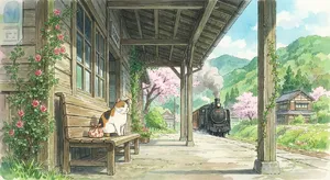 A countryside train station with a cat waiting on a bench. Rendered in Studio Ghibli animation style with Miyazaki's watercolor backgrounds and hand-drawn quality. - Google Nano Banana Pro