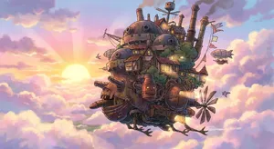A flying castle floating in clouds at sunrise. Match the visual aesthetic of 'Howl's Moving Castle' by Studio Ghibli, with Miyazaki's blend of steampunk elements and fantasy. - Google Nano Banana Pro