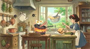 A kitchen with magical cooking implements preparing breakfast. Duplicate the artistic style of Studio Ghibli's domestic scenes, with Miyazaki's detailed settings and warm lighting. - Google Nano Banana Pro