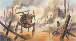 A mechanical creature in a polluted landscape. Capture the visual aesthetic of 'Nausicaä' by Studio Ghibli, with Miyazaki's mechanical designs and environmental contrast. - Google Nano Banana Pro