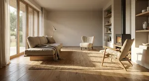 A photorealistic interior of a modern Scandinavian-style living room with natural light streaming through floor-to-ceiling windows. Show detailed wood textures, fabric materials, and proper light reflections. - Google Nano Banana Pro