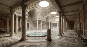 An ancient Roman bathhouse interior with accurate architectural details - marble columns, mosaic floors, arched ceilings, and steam rising from pools. Natural light from oculus openings. - Google Nano Banana Pro