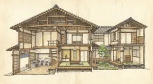 Cutaway architectural drawing of a traditional Japanese machiya townhouse showing all rooms and structural elements. Include accurate proportions, traditional joinery, and typical spatial organization. - Google Nano Banana Pro