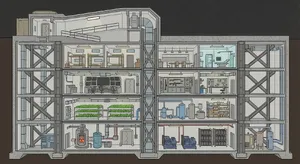 Cross-section rendering of a multi-level underground bunker with different functional areas, structural support systems, ventilation, and power generation facilities visible. - Google Nano Banana Pro