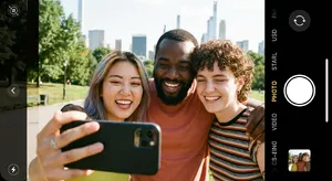 A group selfie of three friends of different ethnic backgrounds smiling at the camera. - Google Nano Banana Pro