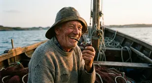 A 4K photo of an old fisherman with a weathered face and a pipe, grinning. - Google Nano Banana Pro