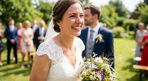 A bride on her wedding day, smiling with tears of joy in her eyes. - Google Nano Banana Pro