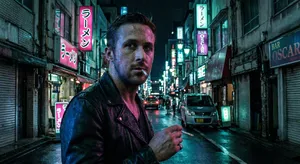 A nighttime portrait of a man lit by neon signs on a city street. - Google Nano Banana Pro