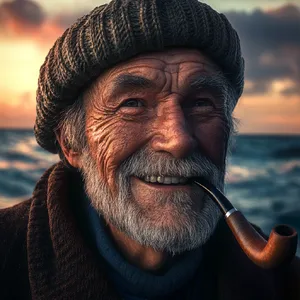 A 4K photo of an old fisherman with a weathered face and a pipe, grinning. - Midjourney Midjourney V6.1