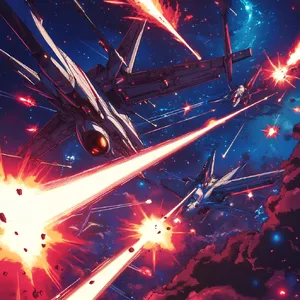 A 90s anime-style space battle scene with giant starships and laser beams. - Midjourney Midjourney V6.1