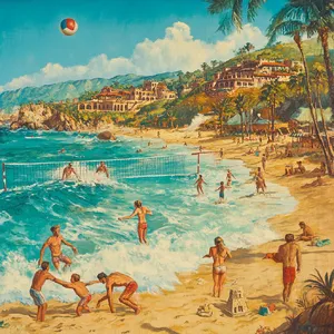 A beach scene: adults playing volleyball, kids building sandcastles, and surfers riding waves. - Midjourney Midjourney V6.1
