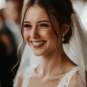 A bride on her wedding day, smiling with tears of joy in her eyes. - Midjourney Midjourney V6.1