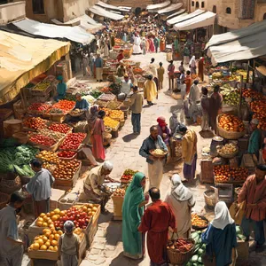 A bustling market scene with dozens of people buying and selling goods. - Midjourney Midjourney V6.1