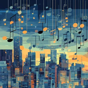 A city skyline that forms the shape of musical notes on a staff, created in a stylized graphic design aesthetic with clean architectural lines and dramatic twilight colors. - Midjourney Midjourney V6.1