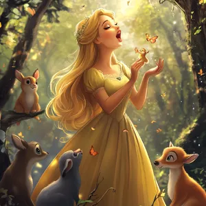 A classic Disney-like 2D cartoon princess singing with animals in a forest. - Midjourney Midjourney V6.1