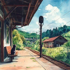 A countryside train station with a cat waiting on a bench. Rendered in Studio Ghibli animation style with Miyazaki's watercolor backgrounds and hand-drawn quality. - Midjourney Midjourney V6.1