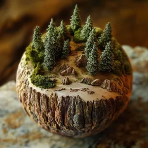 A dessert cake that looks like a tiny planet, complete with miniature trees and mountains, photographed in a professional food photography style with tilt-shift focus effect. - Midjourney Midjourney V6.1