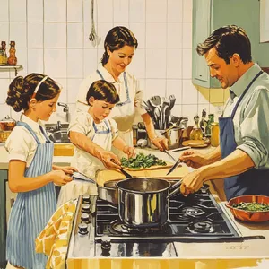 A family cooking together in a kitchen, each person busy with a different task. - Midjourney Midjourney V6.1