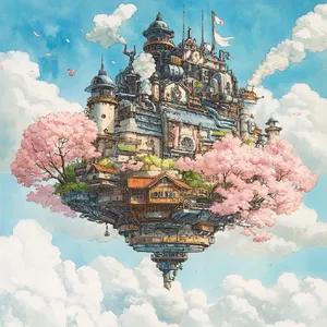 A floating steampunk castle in the sky with intricate mechanical gears and cherry blossom trees, illustrated in Hayao Miyazaki's Castle in the Sky (1986) art style with watercolor textures and detailed line work. - Midjourney Midjourney V6.1