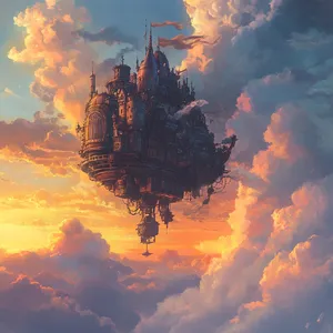 A flying castle floating in clouds at sunrise. Match the visual aesthetic of 'Howl's Moving Castle' by Studio Ghibli, with Miyazaki's blend of steampunk elements and fantasy. - Midjourney Midjourney V6.1