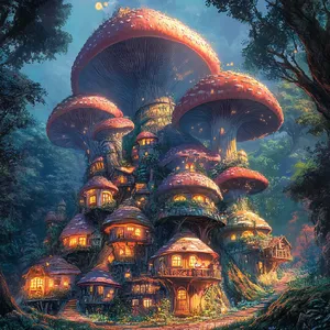 A forest of giant mushrooms with houses built on top of them, rendered in a whimsical Studio Ghibli-inspired art style with vibrant colors and fantastical details. - Midjourney Midjourney V6.1