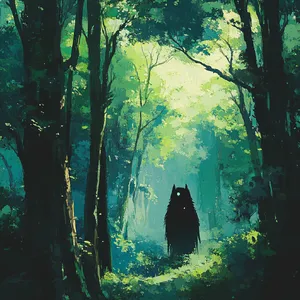 A forest spirit standing among tall trees. Replicate the artistic style of 'Princess Mononoke' by Studio Ghibli, with Miyazaki's detailed environments and mystical creature design. - Midjourney Midjourney V6.1
