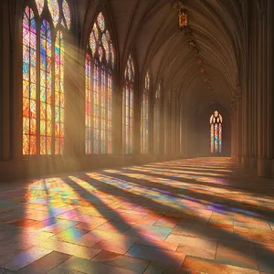 A Gothic cathedral interior at sunset with light streaming through detailed stained glass windows, creating colored patterns on stone floors and columns. Show accurate ribbed vaulting. - Midjourney Midjourney V6.1