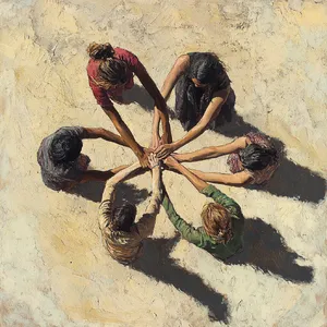 A group of five people joining hands in a circle, seen from above. - Midjourney Midjourney V6.1
