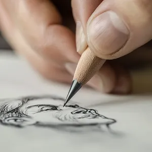 A hand drawing a sketch on paper with a pencil, the hand and pencil tip in clear focus. - Midjourney Midjourney V6.1