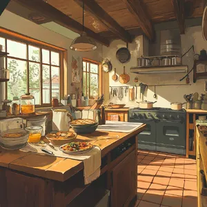A kitchen with magical cooking implements preparing breakfast. Duplicate the artistic style of Studio Ghibli's domestic scenes, with Miyazaki's detailed settings and warm lighting. - Midjourney Midjourney V6.1