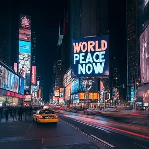 A large storefront billboard at Times Square displaying the slogan “WORLD PEACE NOW” in bold, clear letters, amidst a vibrant cityscape at night. - Midjourney Midjourney V6.1